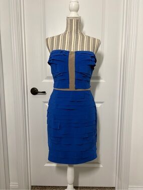 Gianni Bini Cobalt Blue Strapless Layered Sheath Dress with Tan Trim